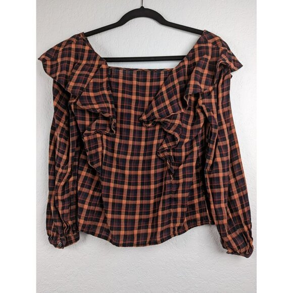 Madewell Plaid Ruffled Square-Neck Cop Top Long Sleeve Womens Size XS - Picture 5 of 8
